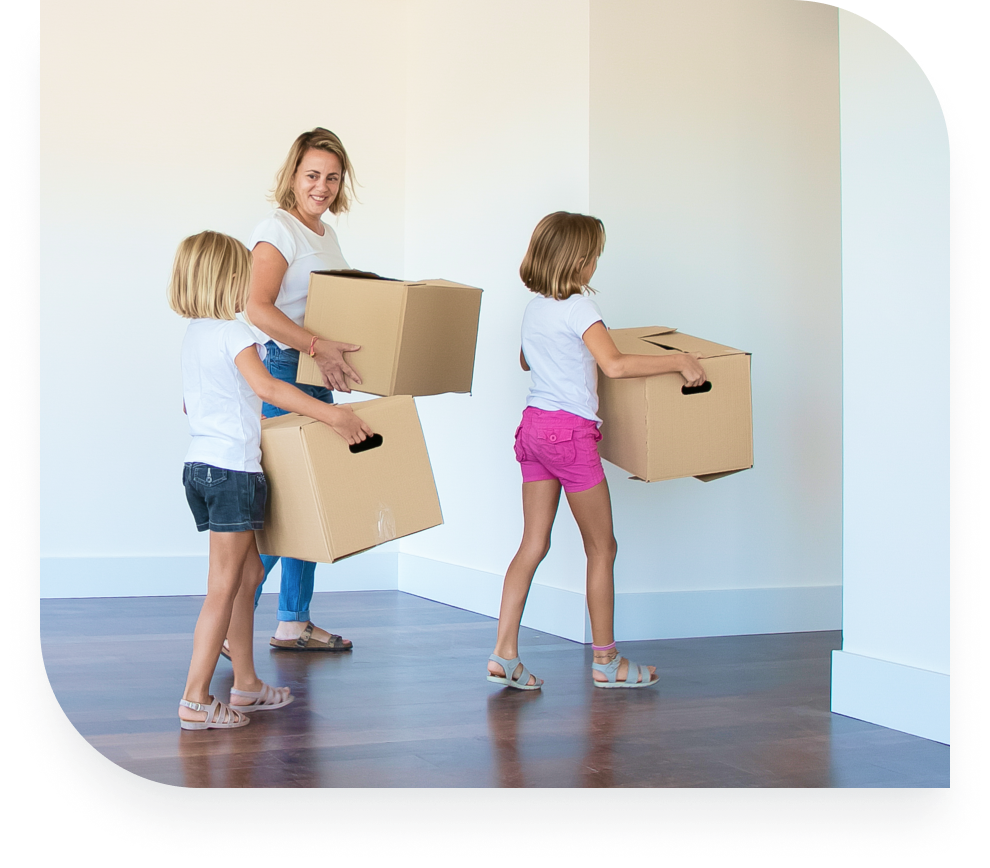Lady and children with boxes